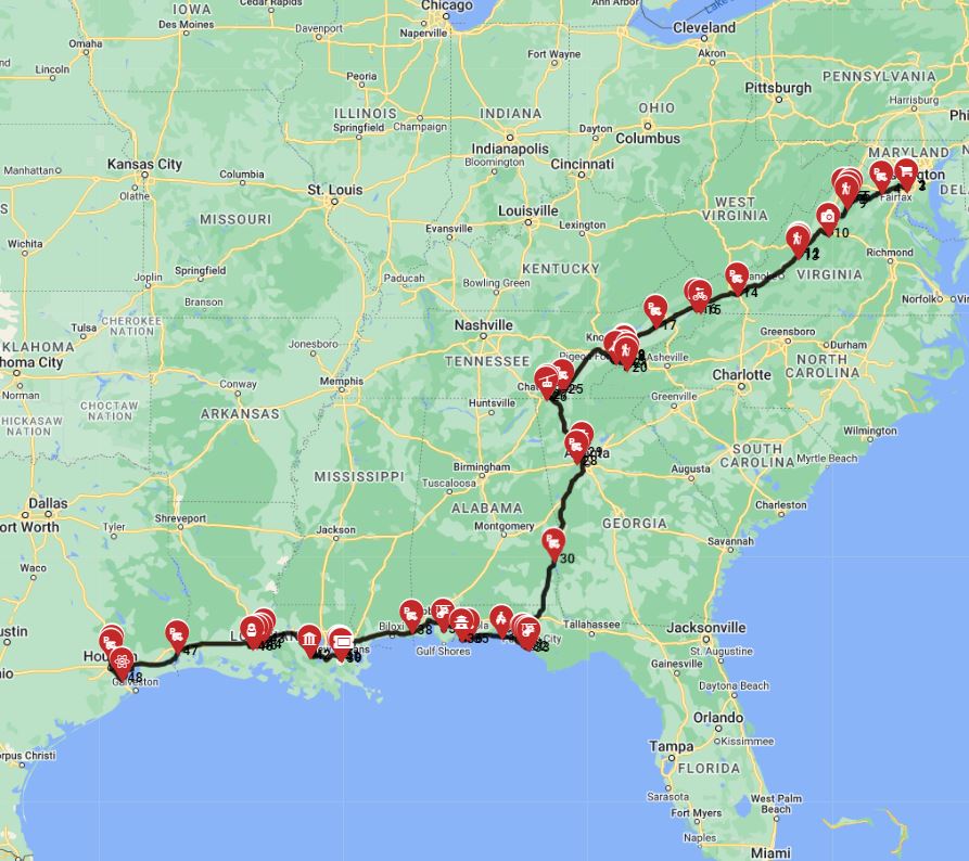 Map for Washington DC to Houston